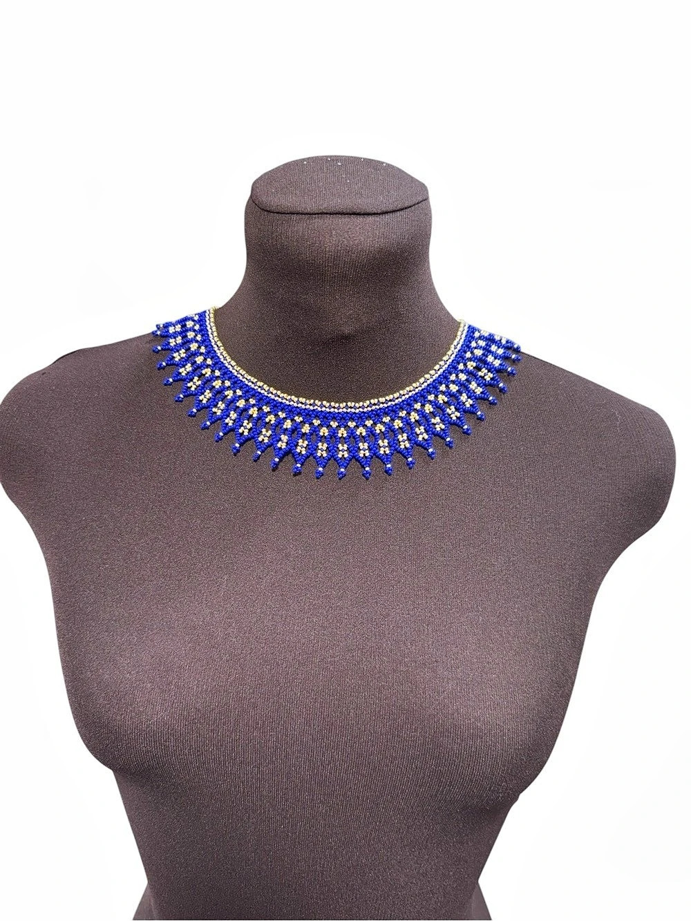 Handmade Blue Gold Beaded Necklace Seed Bead Choker Statement Holiday